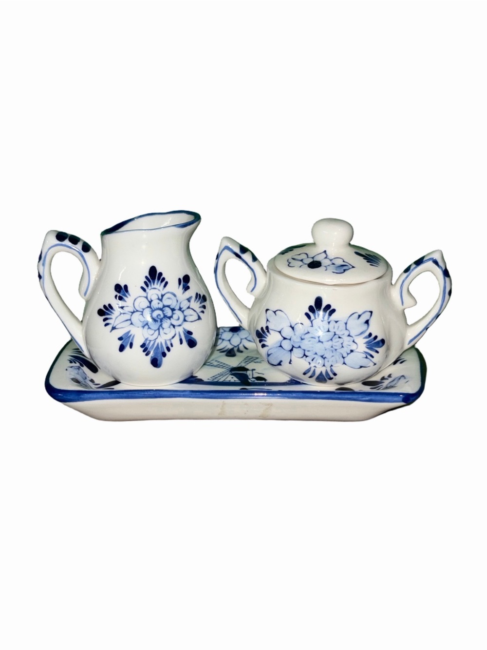 🆕💜 Hand Painted Delft Blue Mini Creamer Sugar Bowl Tray Holland Collectible